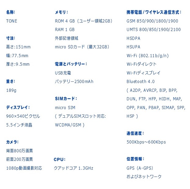 「TONE」スマホの主なスぺック