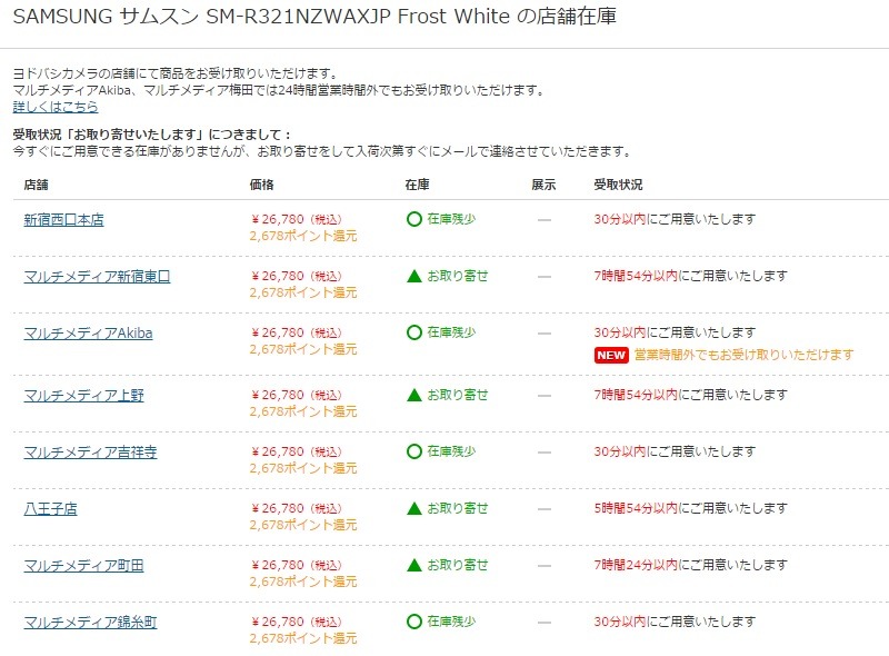 ヨドバシカメラの在庫状況（1日13時現在）