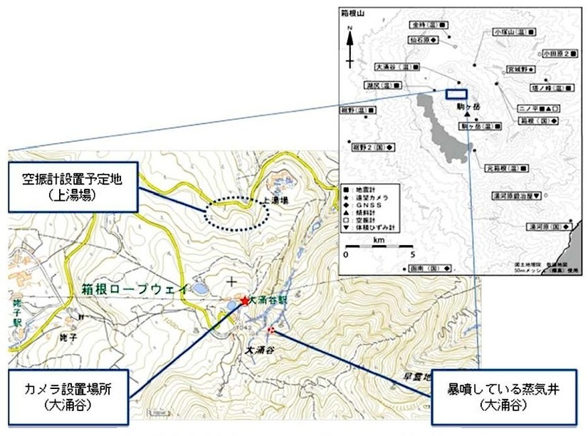 観測点分布（臨時で設置する遠望カメラと空振計）