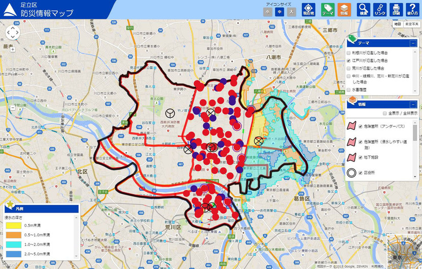 同社の「地域情報マッピングシステム」では、多くの自治体で利用されているGISデータを加工せずに登録・公開が可能。GIS管理外のデータもexcel形式でのインポートが行える（画像は足立区防災情報マップより）。