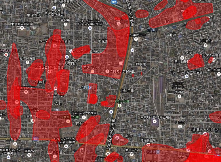 「足立区防災情報マップ」はブラウザ上でGoogleMapを使用するため、地図だけでなく航空写真での表示にも対応している（画像は足立区防災情報マップより）。