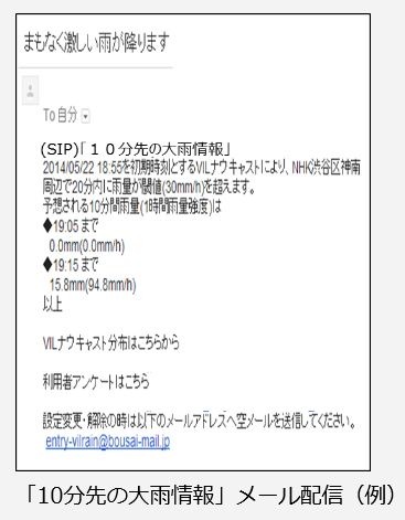 「10分先の大雨情報」メール配信の一例。屋外からのすみやかな退避が可能になる(画像はプレスリリースより)