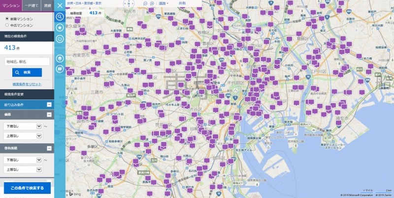 地図上での物件表示（東京近郊／新築マンション）