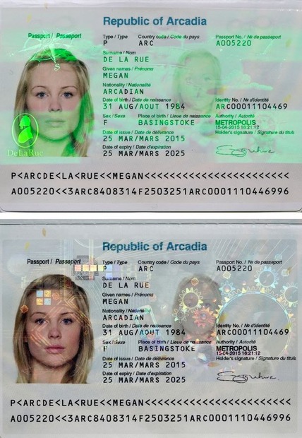 ホログラムのパスポートへの利用イメージ。上段がリップマンホログラム、下段がエンボスホログラムを使用したもの（画像は同社リリースより）。