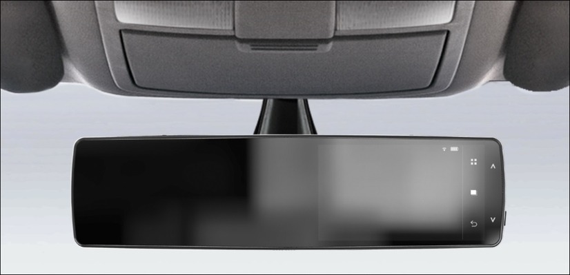 車載用ミラー型テレマティクス端末の取り付けイメージ。ルームミラーのような設置となる（画像はプレスリリースより）