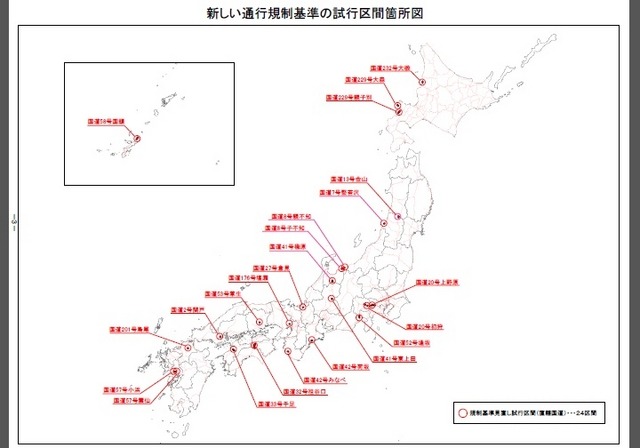 新しい通行規制基準の試行区間箇所図