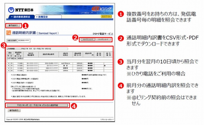 「＠ビリング」での通話明細の確認イメージ