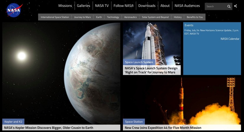 NASAのウェブサイトトップページ（キャプチャ）