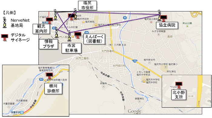 今回の実証実験が行われた塩尻市内のデジタルサイネージの設置マップ。塩尻市でのこの実証実験は、自治体や企業の視察も受け付けている（画像はプレスリリースより）