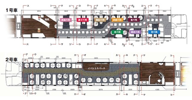 特急『花嫁のれん』で使用するキハ48形改造車の車内図。