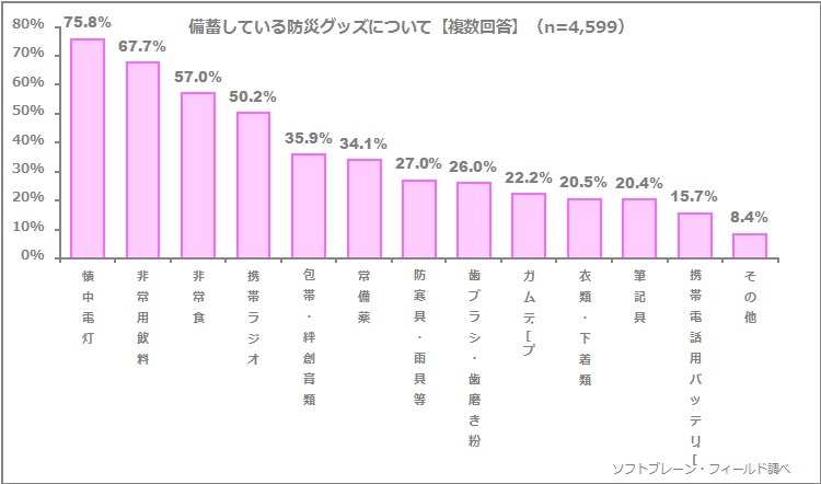 非常食や飲み水、懐中電灯などの備蓄は行われている反面、医療品やヘルスケア用品の備蓄に関しては備蓄している人は3割程度にとどまっている（画像はプレスリリースより）