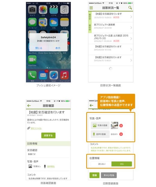 アプリでは、安否の回答時に写真・音声・現在地情報を送ることができるため、管理者はユーザーの詳細な状況を把握が可能（画像は公式Webサイトより）