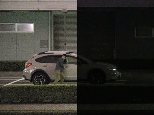 肉眼で見た映像（右）と夜間対応のネットワークカメラで撮影した映像（左）の違い。見えないものを見える化できる技術といえるだろう（画像はプレスリリースより）