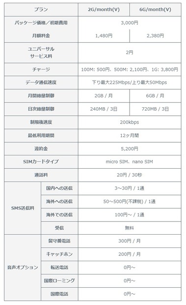 音声通話対応SIMのプラン内容