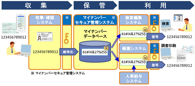 システム内ではマイナンバーは常に暗号化されており、検索ワードも毎回暗号化されるため、アクセスログの解析などでも個人情報の推測が困難なシステムとなっている（画像はプレスリリースより）