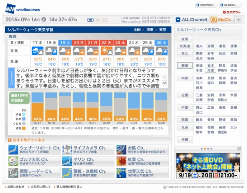 『シルバーウィーク天気Ch.』画面