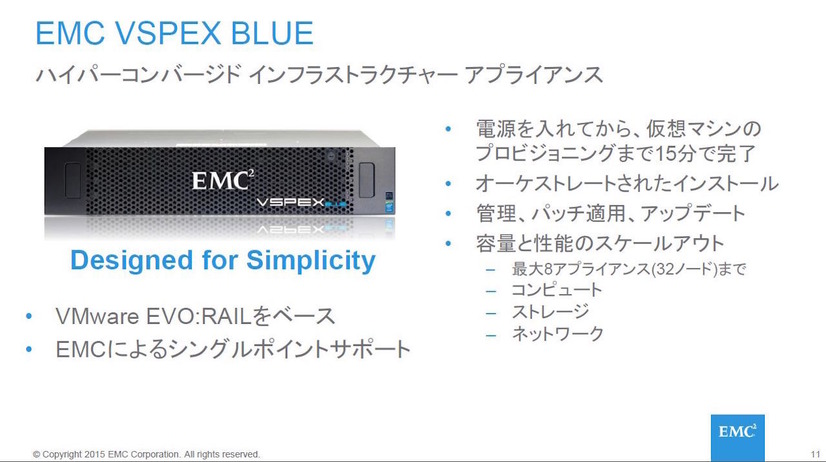 VSPEX BLUEは、2Uの筐体に4ノードのサーバが搭載されたアプライアンス。VMware EVO:RAILをベースに、VSANでサーバ内のストレージを論理的に束ねて使用