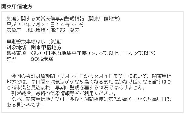 気温に関する異常天候早期警戒情報（関東甲信地方）
