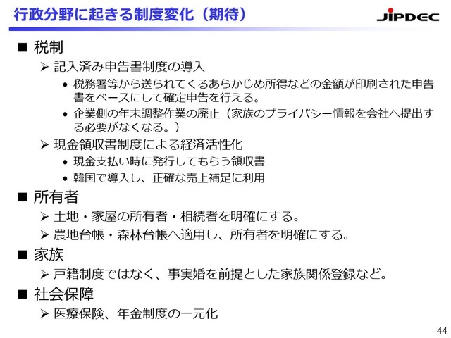 行政分野で期待される制度の変化。税制、所有者、家族、社会保障の観点から見た場合のメリット（提供:JIPDEC）