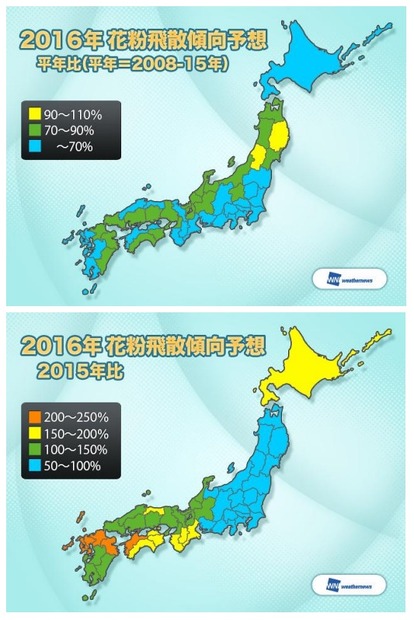 2016年・花粉飛散量予想（平年および前年との比較）