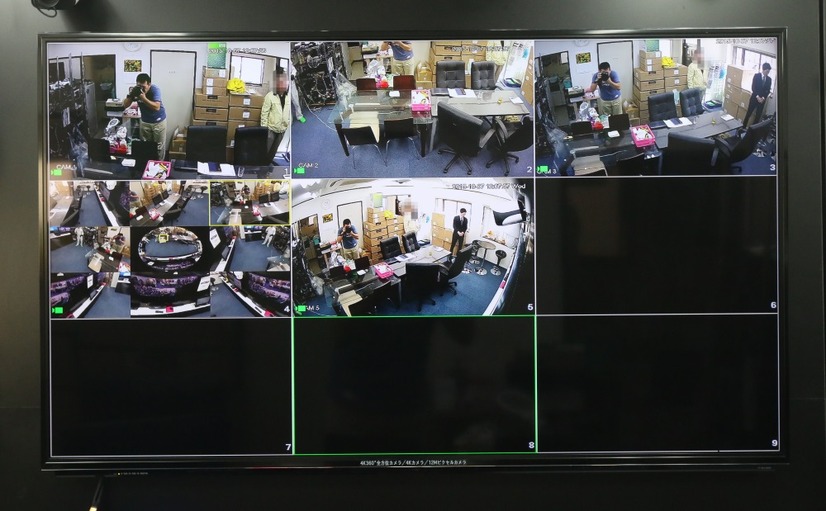 画面1段目左から12メガの「SCIP-C12M」、、4Kドーム型「SCIP-D4K」、4Kバレット型「SCIP-B4K」、2段目左から12メガの全方位型「SCIP-F14K」、2メガ超低照度「SCIP-D2M」の映像（撮影：防犯システム取材班）
