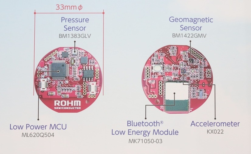 センサーメダルの内部構成。直径33mmの基板の中に、Bluetoothスマートモジュール、Low Power MCU、衝撃センサーや磁気センサー、加速度計などを備える（撮影：防犯システム取材班）