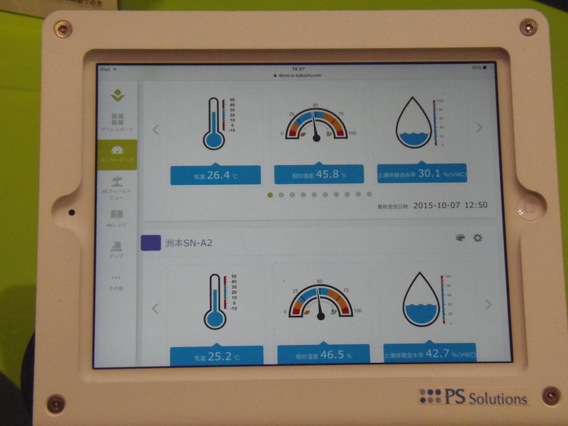 ノードごとにセンサーデータをタブレットから手軽に表示。温度・湿度・土壌水分をグラフィカルに表示しているところ