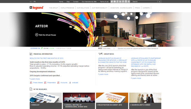 ルグラン社は電気及びデジタル分野の構築基盤に特化したグローバル企業。「Eliot」のコネクテッド製品を含む新製品群を次々と生み出しており、2014年の売上は45億ユーロ（画像はWebサイトより）