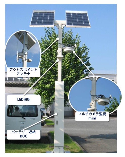 自立電源、照明灯、Wi-Fiステーション、さらに監視カメラまで搭載した「防災Wi-Fiステーション照明灯」。防災用途から日常用途にも利用可能（画像はプレスリリースより）