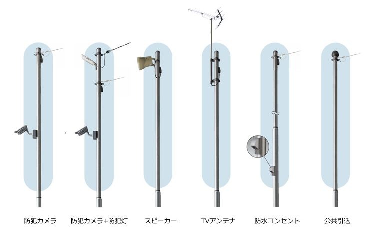 防犯カメラ用、TVアンテナ用、公共引き込み用など6品種の専用ポールで構成されている（画像はプレスリリースより）