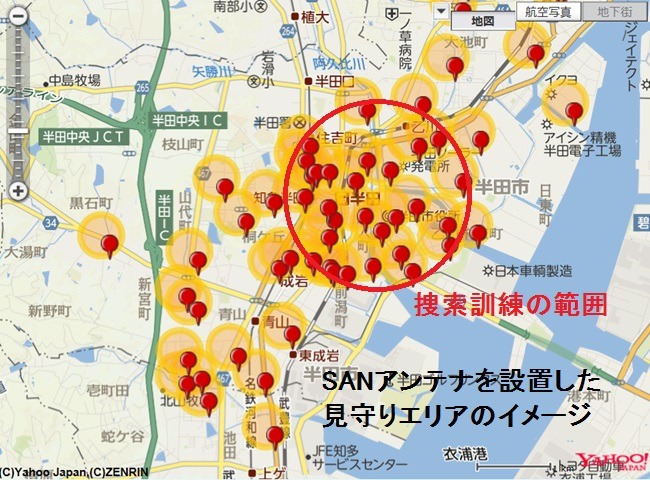 加藤電機の本社がある半田市の見守りエリアのイメージ。市内の複数箇所にアンテナが設置されており、レーダーを使った捜索の前におおよその位置情報をアンテナから絞り込むことができる（画像はプレスリリースより）