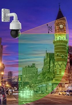 「AXIS Q6128-E」に採用されている「Sharpdomeテクノロジー」の撮影範囲のイメージ。水平方向より20度上方の対象物を識別できるというのが、大きな特徴となる（画像はプレスリリースより）