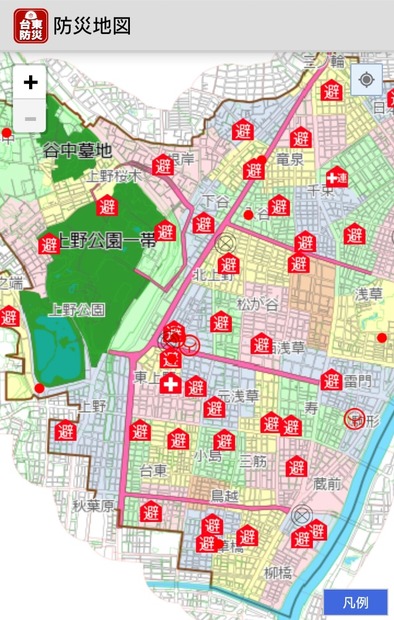 あらかじめダウンロードしておくことで、オフラインでの利用も可能な「防災地図」の画面。ピンチイン＆アウト操作で広域＆詳細の表示が行うこともできる（画像は同アプリより）