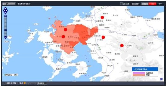 気象庁が発表する警報や特別警報を地図上に表示することもできる。自社の車両が該当地域にいる場合の危機管理に役立てるといった使い方が可能だ（画像はプレスリリースより）