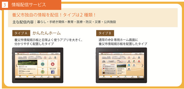 情報配信サービスでは、市（兵庫県養父市）からの行政情報、生活情報、防災・災害情報などをタブレットに配信（画像はプレスリリースより）