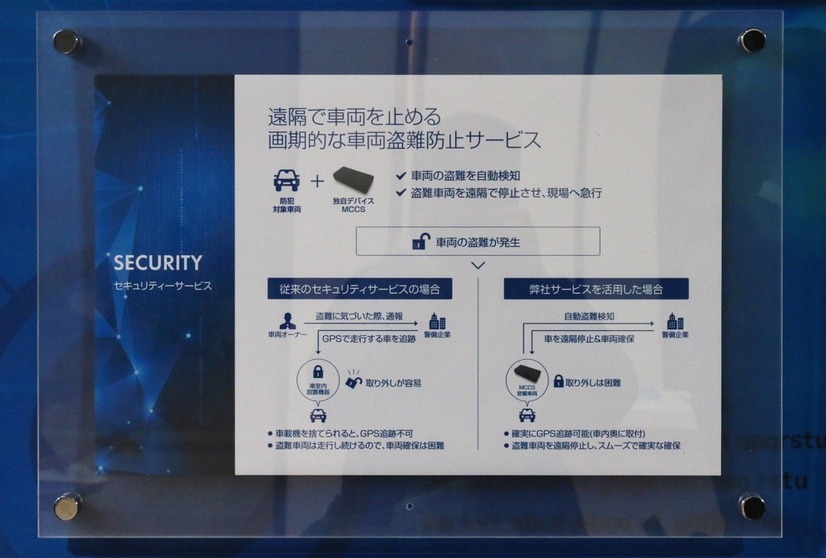 「MCCS」をカーセキュリティで活用した際のポイントをまとめたパネル。従来のGPSによる位置把握に加えて、エンジンストップなどの遠隔制御を可能した点が大きな特徴となる（撮影：防犯システム取材班）