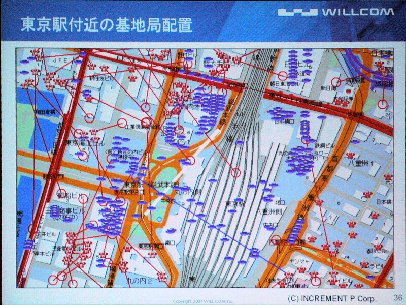 東京駅付近における基地局の設置状況と、その指向性。ほとんどがビルの屋上に設置。同じビルに複数の基地局を設置し、それぞれ違った方向に指向性を向けている