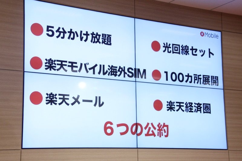 6つの公約として「5分かけ放題オプション」「楽天モバイル 海外SIM」「楽天メール」「光回線セット」「100カ所展開」「楽天経済圏」を紹介