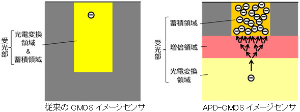 APD-CMOSイメージセンサは光電変換で生成された光電子を受光部で増倍し、蓄積領域に蓄積する。これにより少量の光電子を1万倍に増倍できる（画像はプレスリリースより）