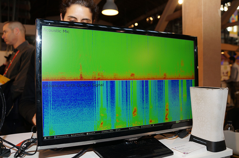 デモ機でピックアップした音声は、上側に通常マイクによる集音結果、下側にVOCALZOOMの技術による集音結果を分けて表示。効果を聞き比べることができた