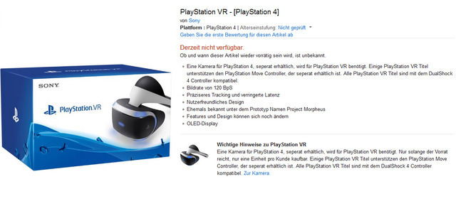 欧州AmazonでPlayStation VRの予約が開始されるも数分で完売