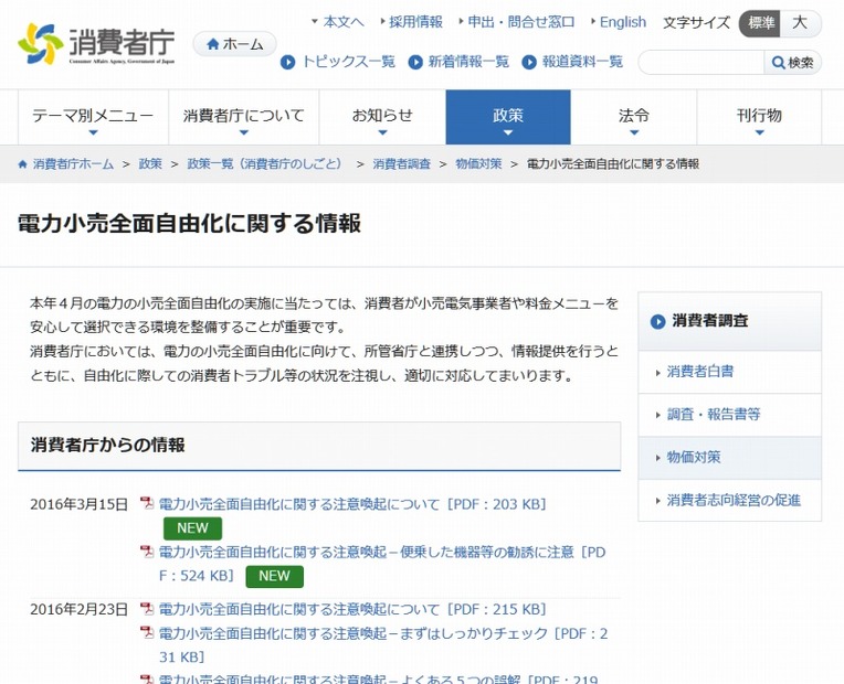 「電力小売全面自由化に関する情報｜消費者庁」サイト