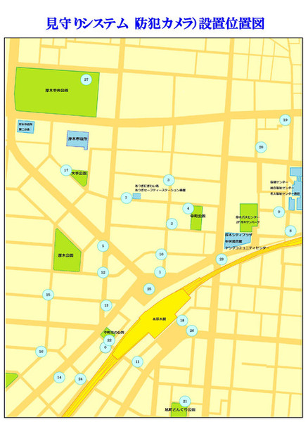 防犯カメラの設置位置図。撮影対象区域は道路・公園・その他公共の用に供する場所とされ、犯罪抑止効果に加えプライバシーにも配慮した運用要項が定められている（画像は公式Webサイトより）