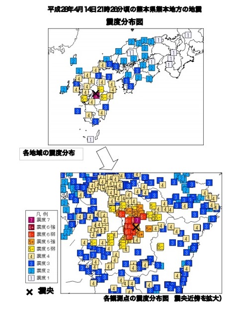 最大震度は、熊本県益城町で記録された震度7で、発生後も震度6、震度5強くらすの余震が続いている（画像は気象庁プレスリリース）