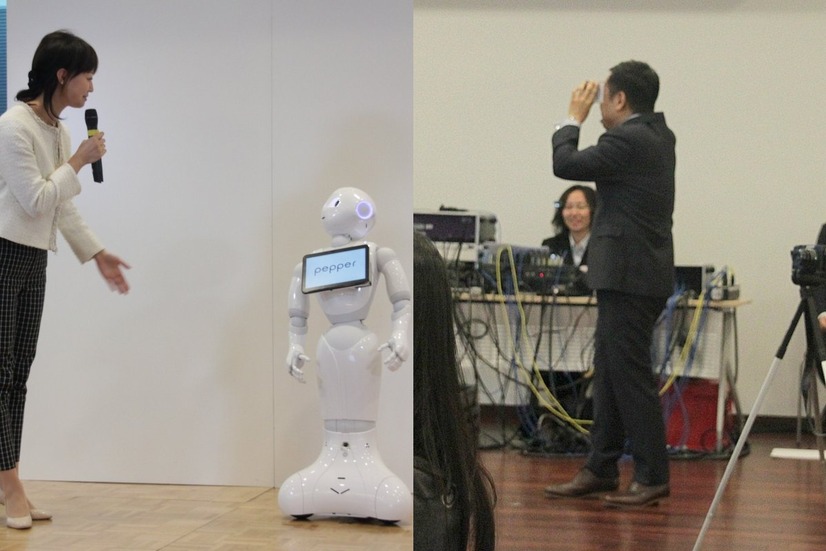 デモの様子。Pepperの視点からの眺めがスマートフォンを覗いた先に見える