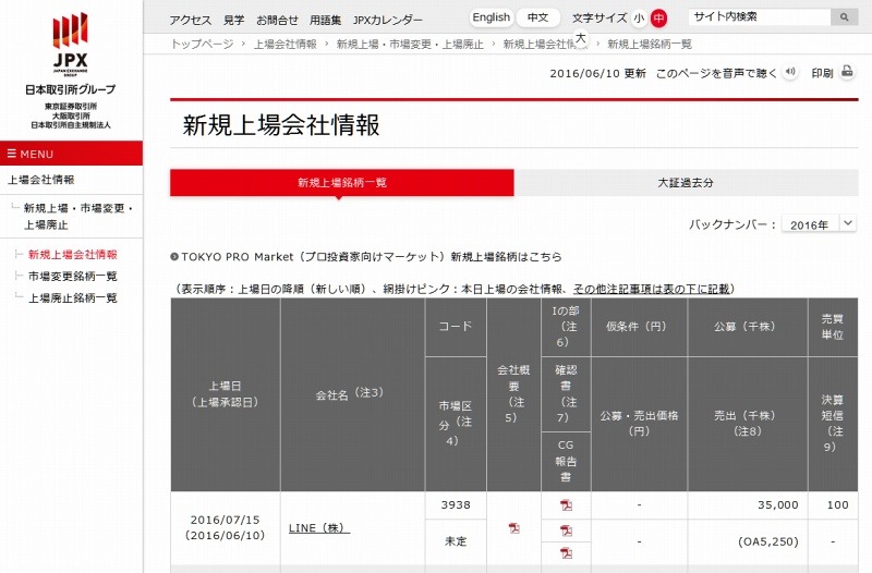 JPX「新規上場会社情報」に、すでにLINE上場に関する情報が掲載