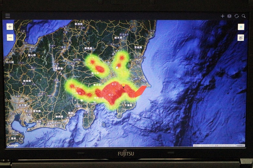 SNSに投稿された災害情報を独自のアルゴリズムで分析して、危険度が高いエリアをヒートマップ化して提供するといったことが可能だ（撮影：防犯システム取材班）