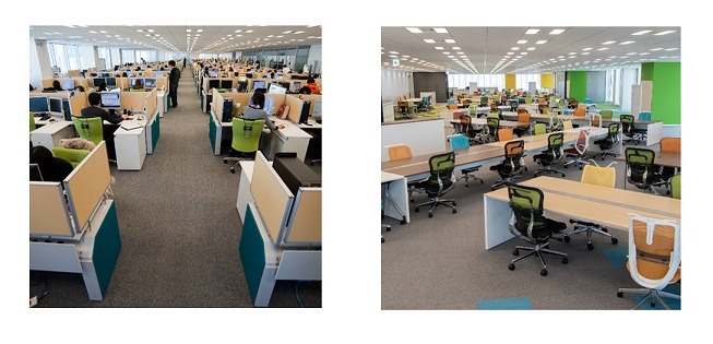 従来の机の配置（左）と、新社屋での机の配置（右）