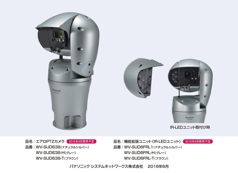 「エアロPTZカメラ」と、照射距離150mの別売IR LEDユニット。風速60m/sでも動作可能で、雨や低温、塩害などの厳しい環境でも安定した撮影を実現する（画像はプレスリリースより）