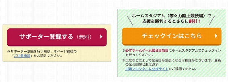 「サポーター登録」と「チェックイン」ボタンイメージ（「NifMo バリュープログラム」内）